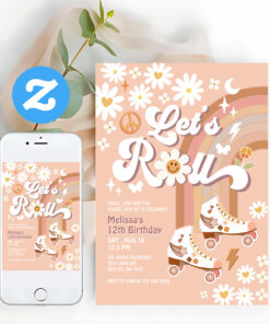Beige Any Age Lets Roll Retro Groovy Birthday Invitation