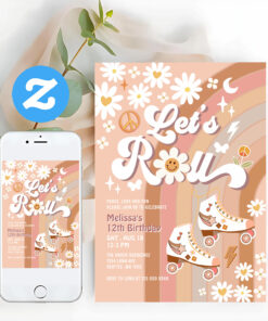 Beige Any Age Lets Roll Retro Groovy Birthday Invitation