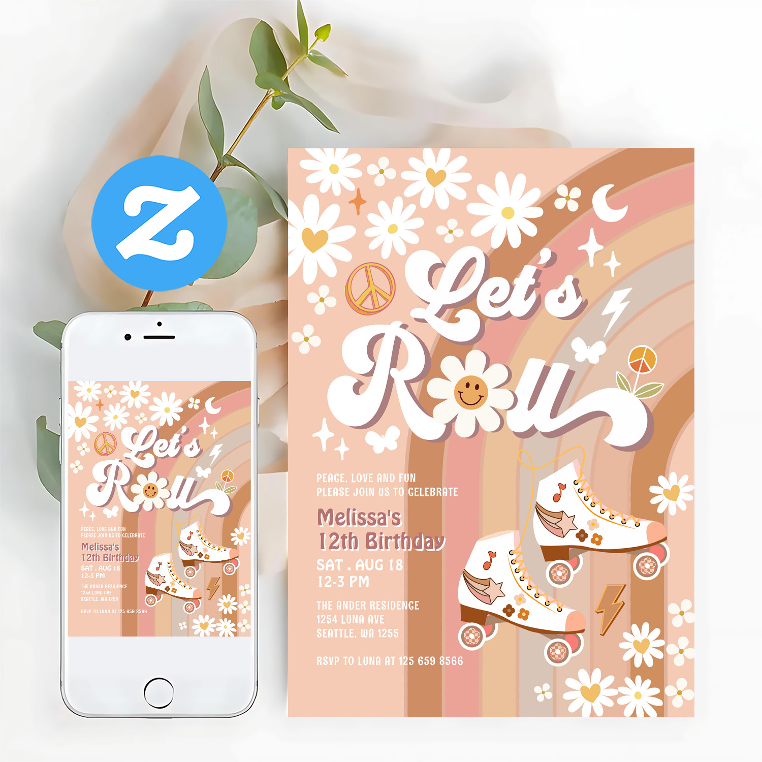 Beige Any Age Lets Roll Retro Groovy Birthday Invitation