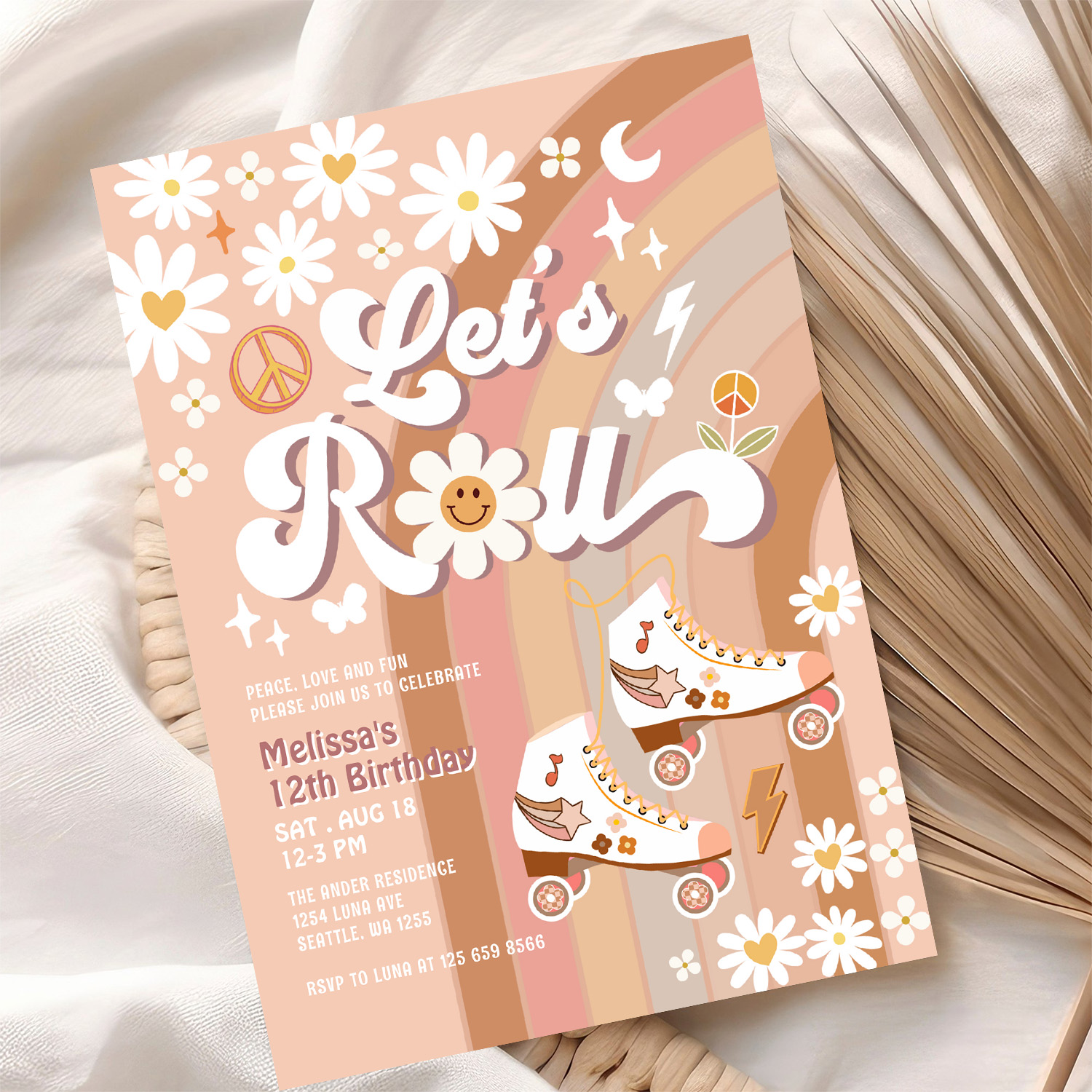 Beige Any Age Lets Roll Retro Groovy Birthday Invitation - Image 10