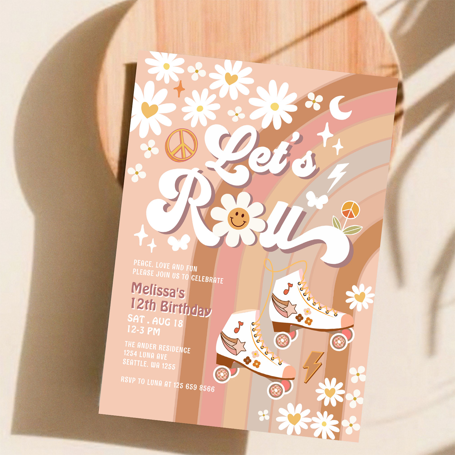 Beige Any Age Lets Roll Retro Groovy Birthday Invitation - Image 11