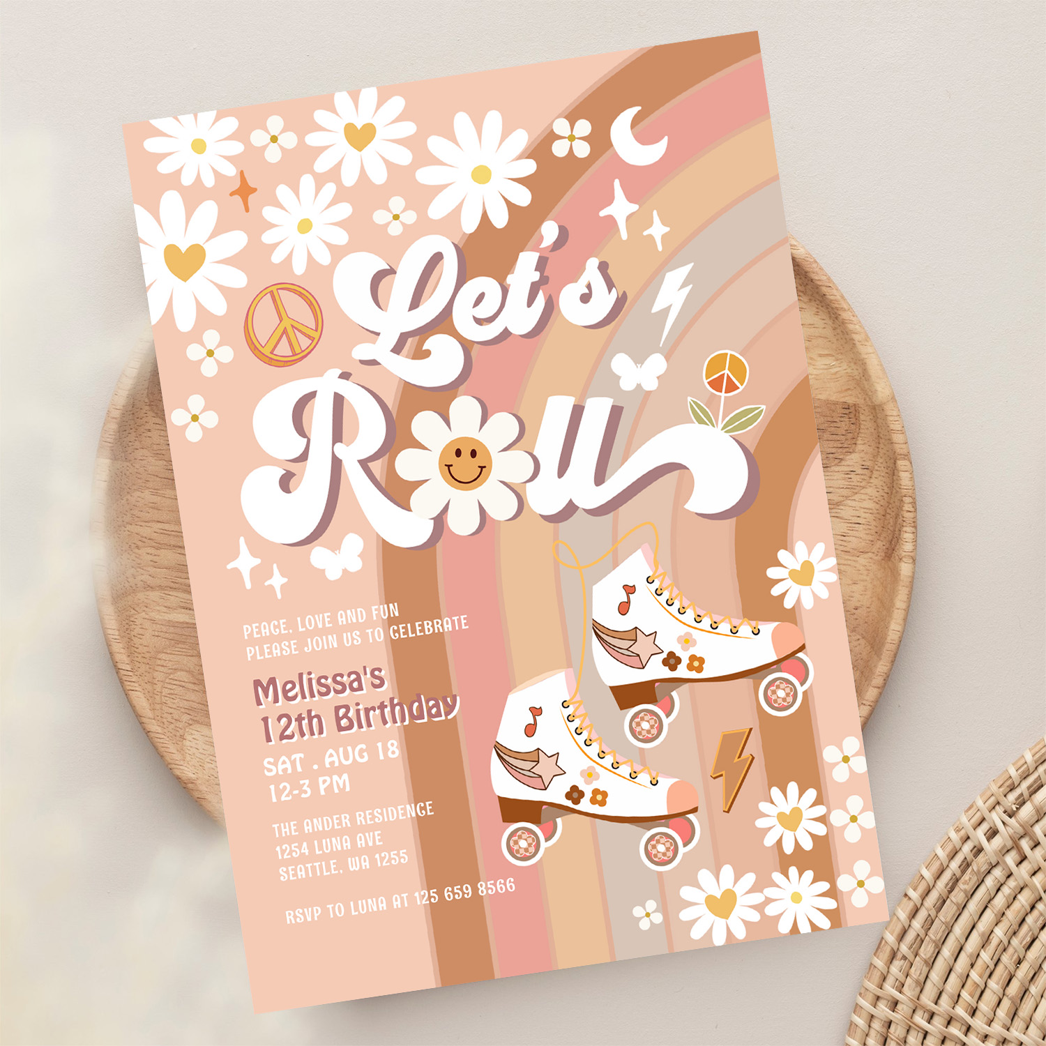 Beige Any Age Lets Roll Retro Groovy Birthday Invitation - Image 13