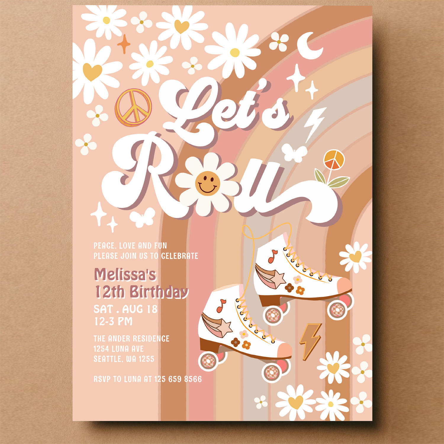 Beige Any Age Lets Roll Retro Groovy Birthday Invitation - Image 14