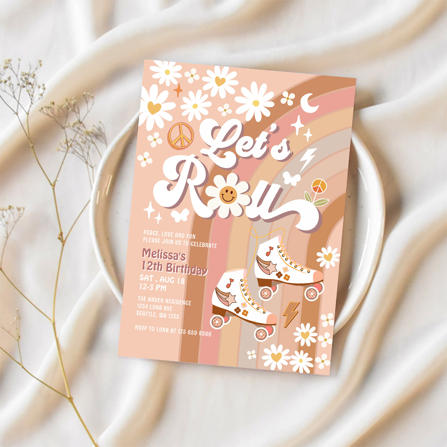 Beige Any Age Lets Roll Retro Groovy Birthday Invitation - Image 2