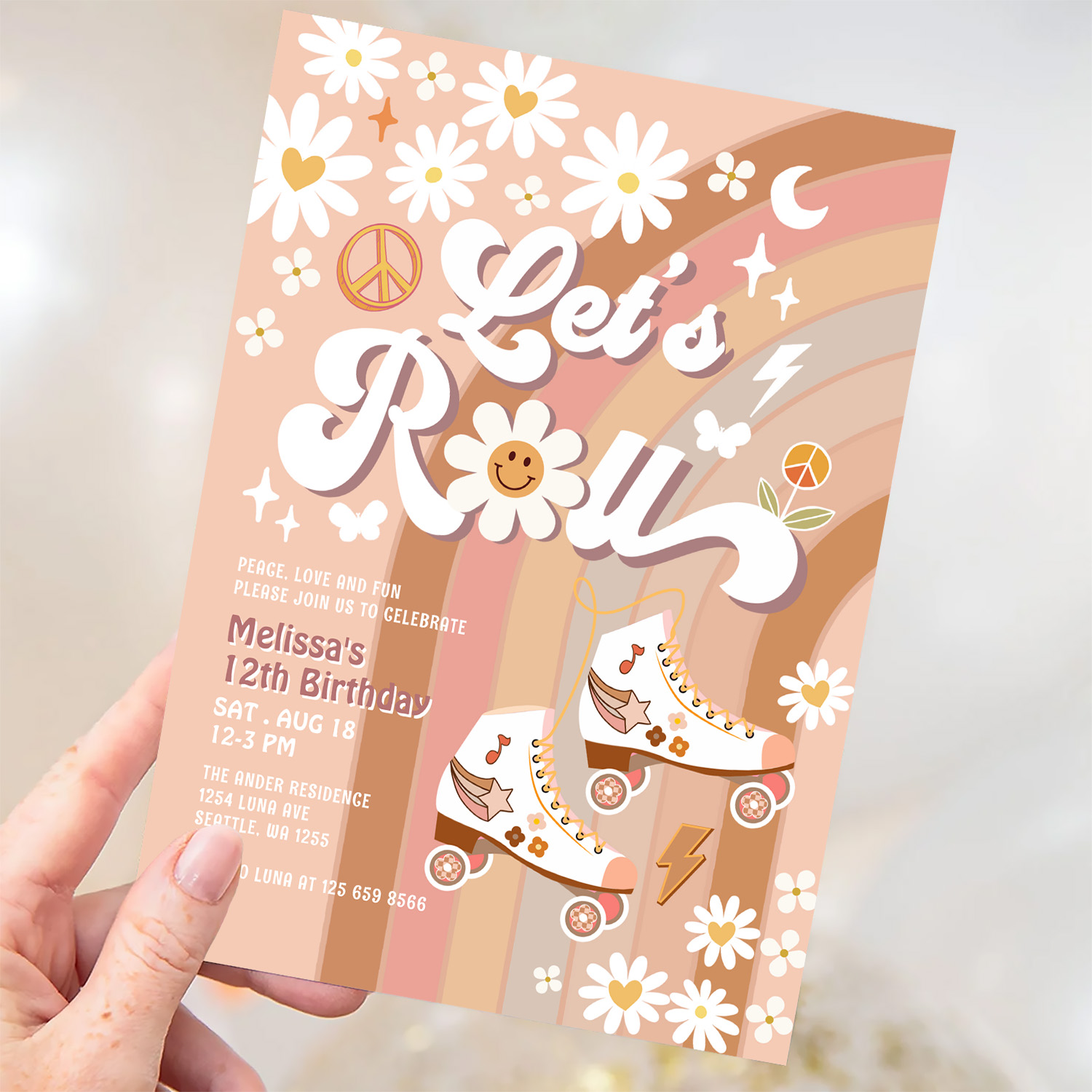 Beige Any Age Lets Roll Retro Groovy Birthday Invitation - Image 3