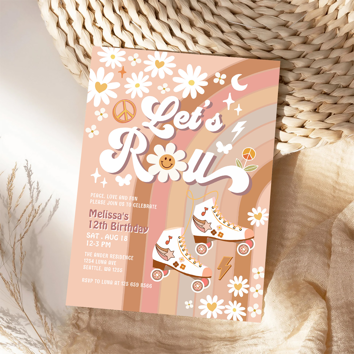 Beige Any Age Lets Roll Retro Groovy Birthday Invitation - Image 4