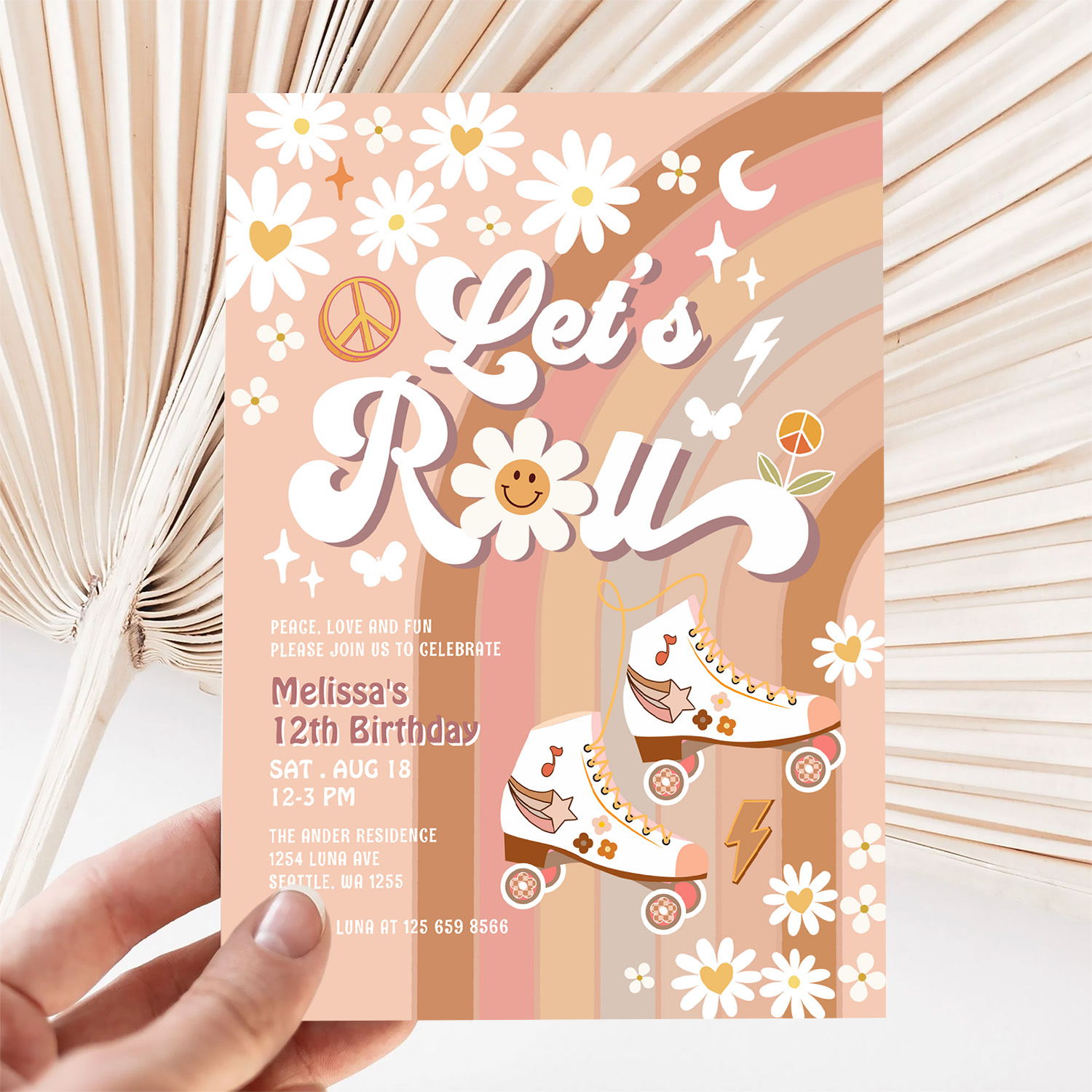 Beige Any Age Lets Roll Retro Groovy Birthday Invitation - Image 5