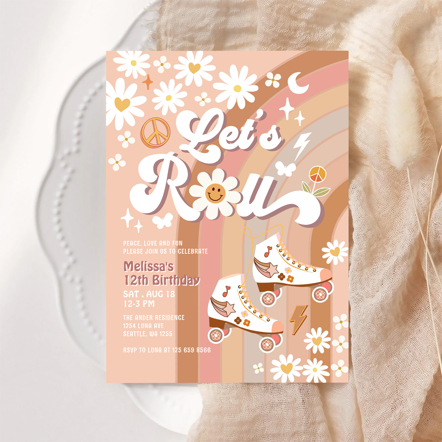 Beige Any Age Lets Roll Retro Groovy Birthday Invitation - Image 6