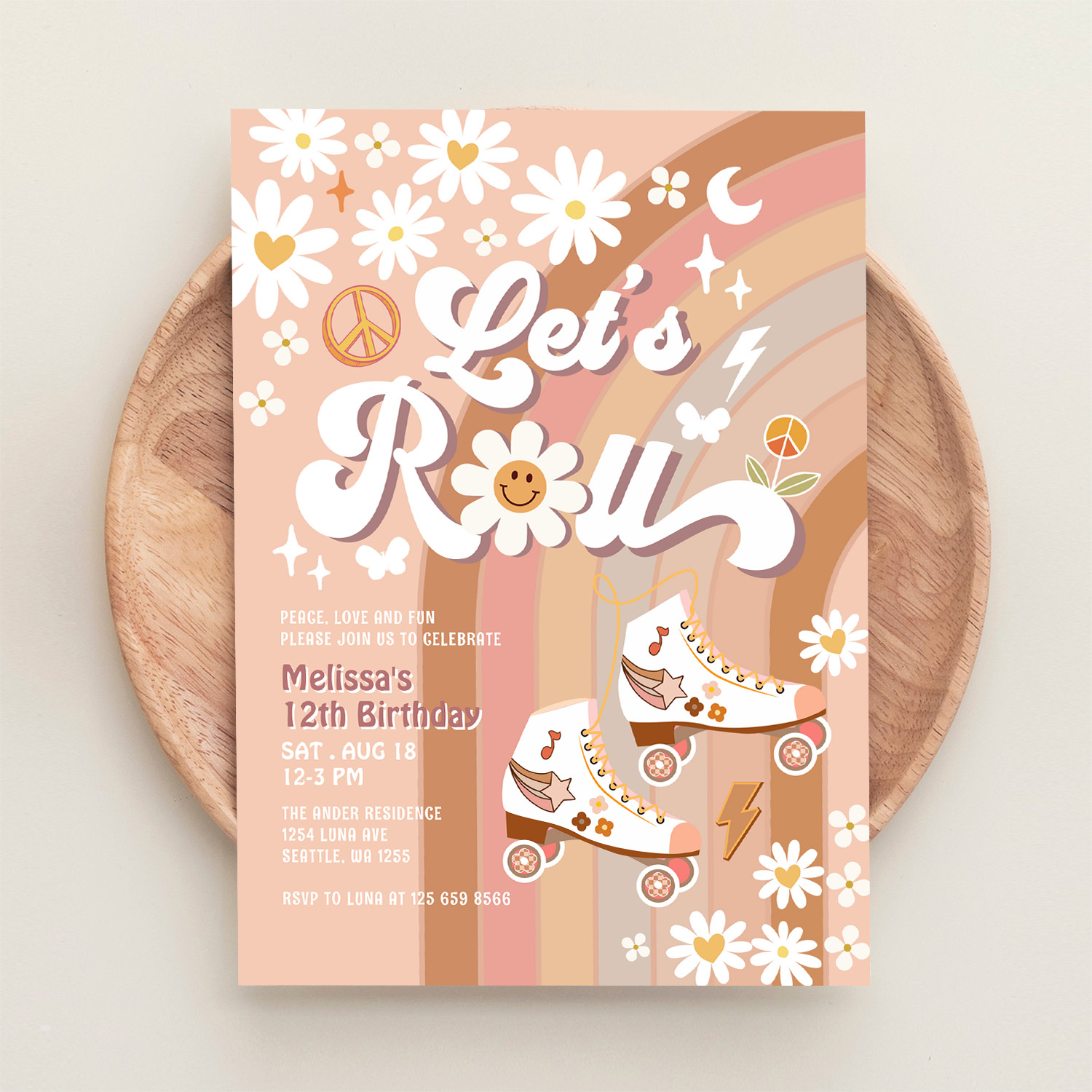 Beige Any Age Lets Roll Retro Groovy Birthday Invitation - Image 7