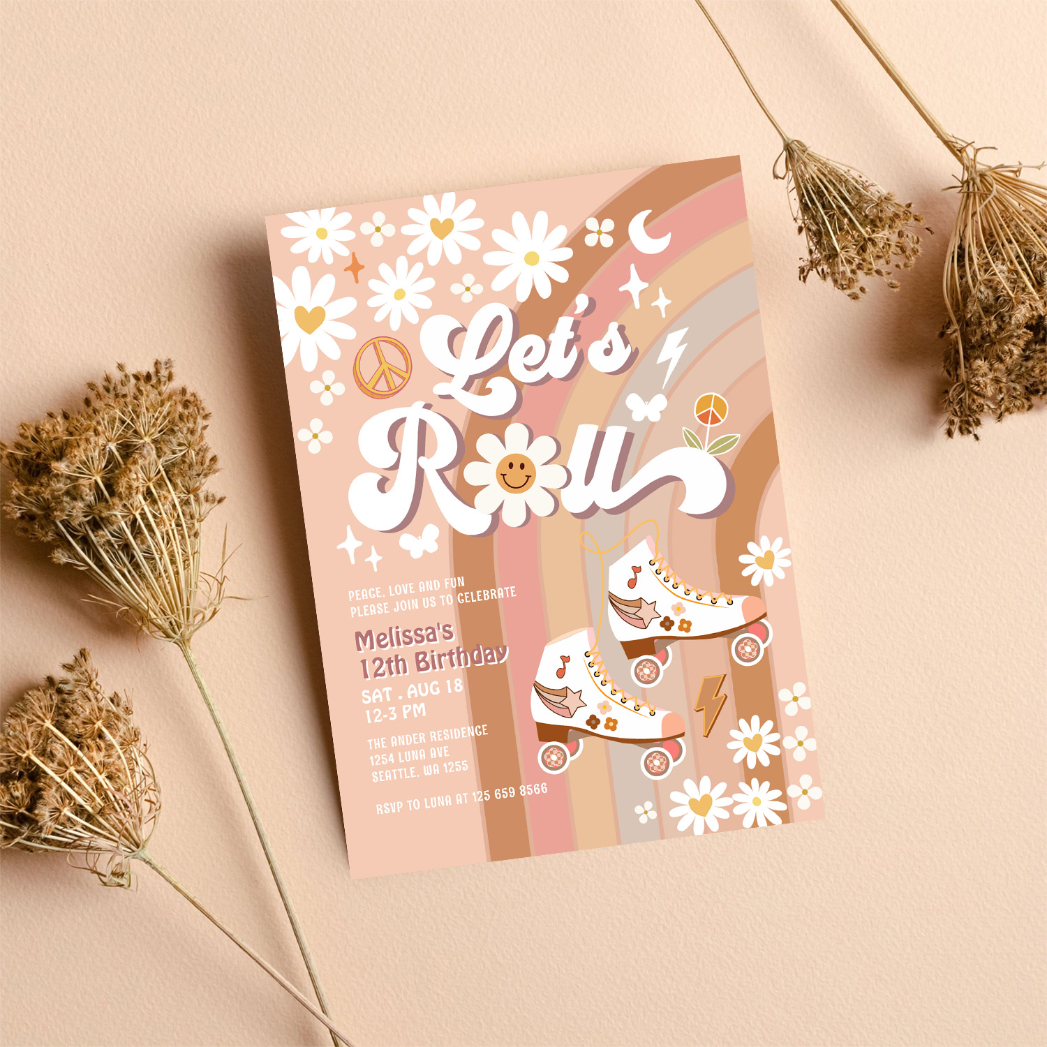 Beige Any Age Lets Roll Retro Groovy Birthday Invitation - Image 8