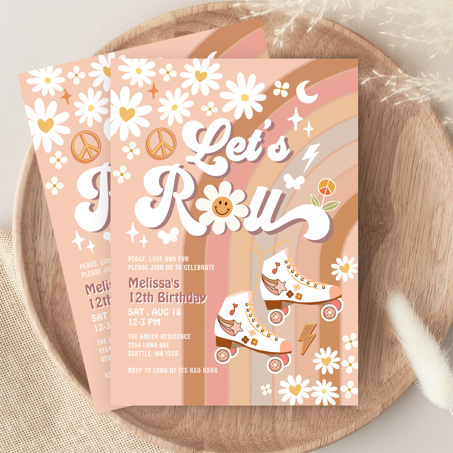 Beige Any Age Lets Roll Retro Groovy Birthday Invitation - Image 9