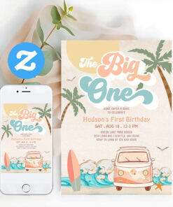 Blue Peach Girl The Big One Surfing 1st Birthday Invitation