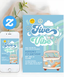 Boy Groovy Van Rainbow Five Is A Vibe 5th Birthday Invitation