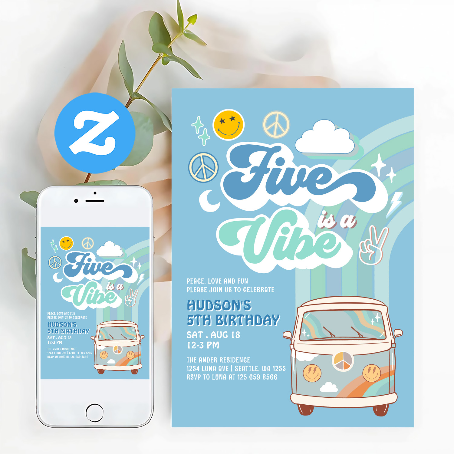 Boy Groovy Van Rainbow Five Is A Vibe 5th Birthday Invitation