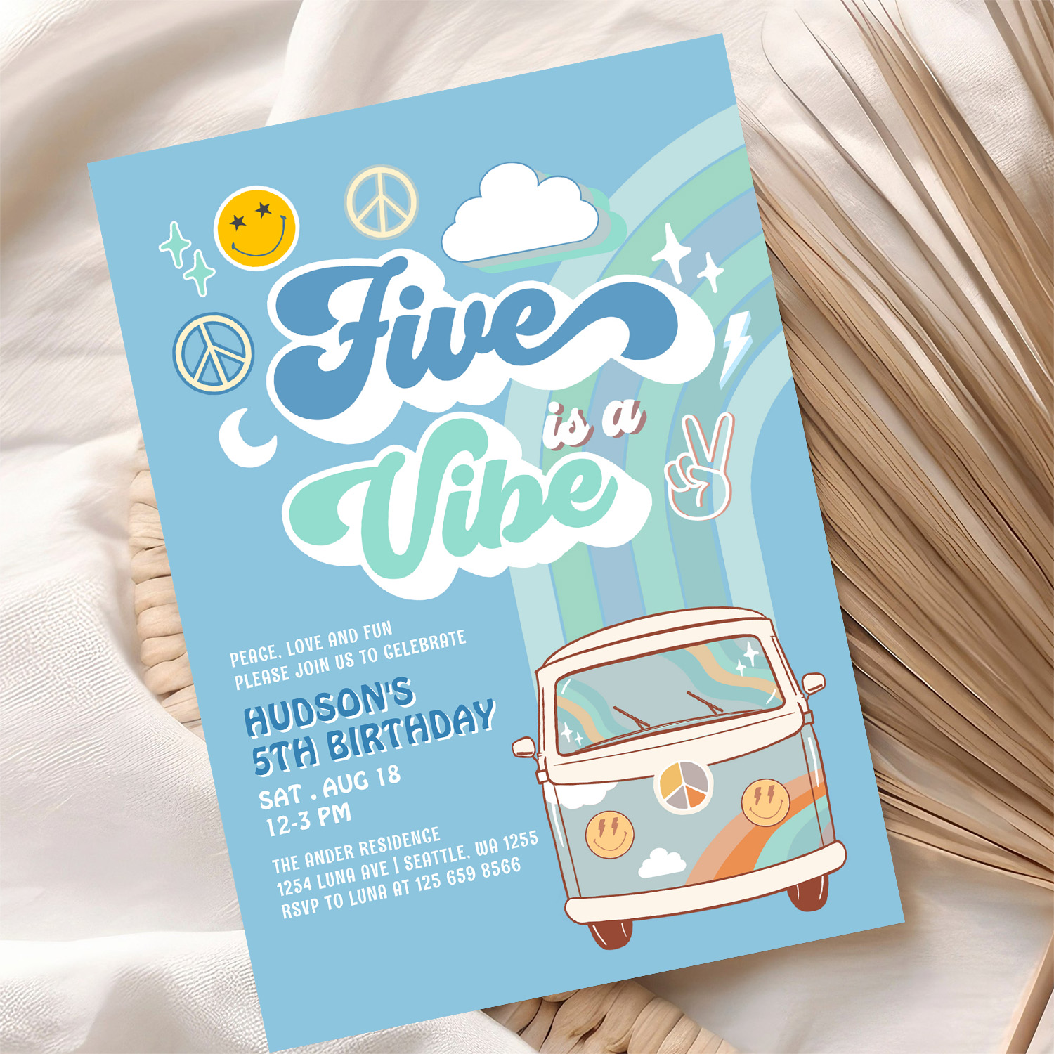 Boy Groovy Van Rainbow Five Is A Vibe 5th Birthday Invitation - Image 10