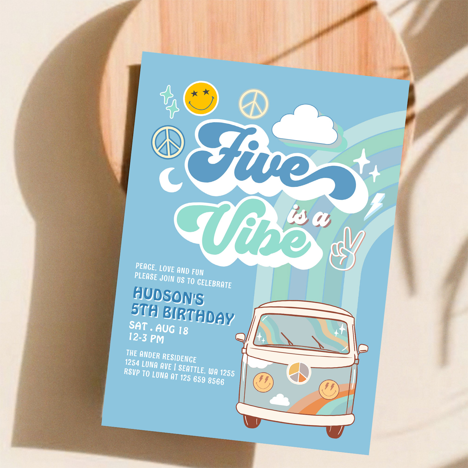 Boy Groovy Van Rainbow Five Is A Vibe 5th Birthday Invitation - Image 11