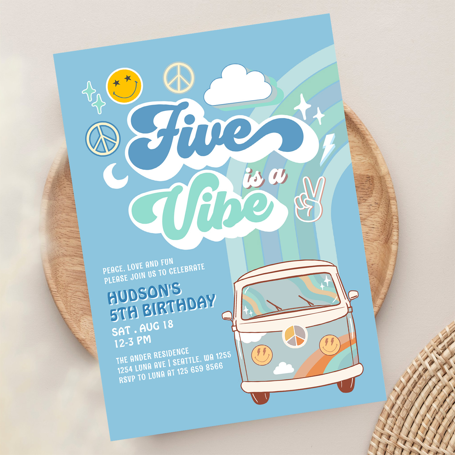 Boy Groovy Van Rainbow Five Is A Vibe 5th Birthday Invitation - Image 13
