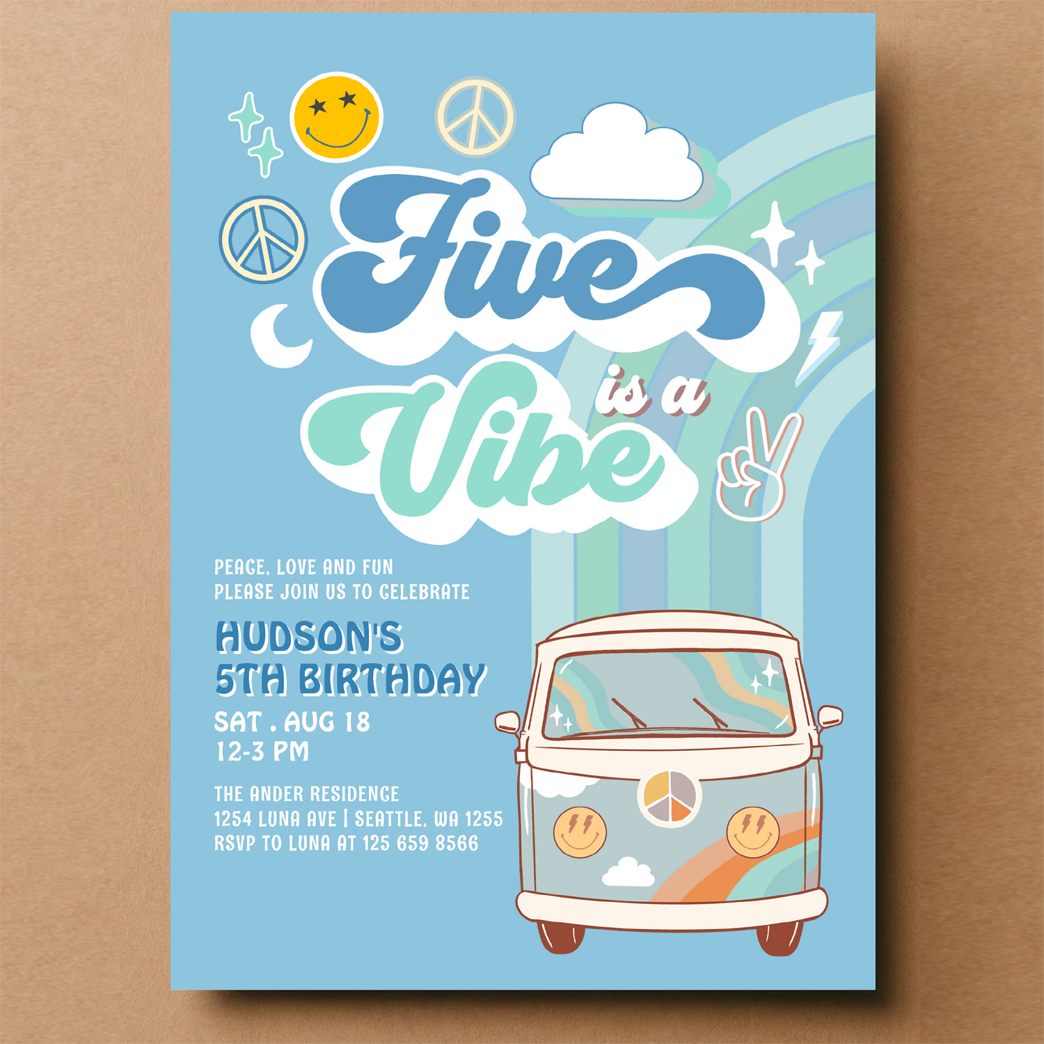 Boy Groovy Van Rainbow Five Is A Vibe 5th Birthday Invitation - Image 14