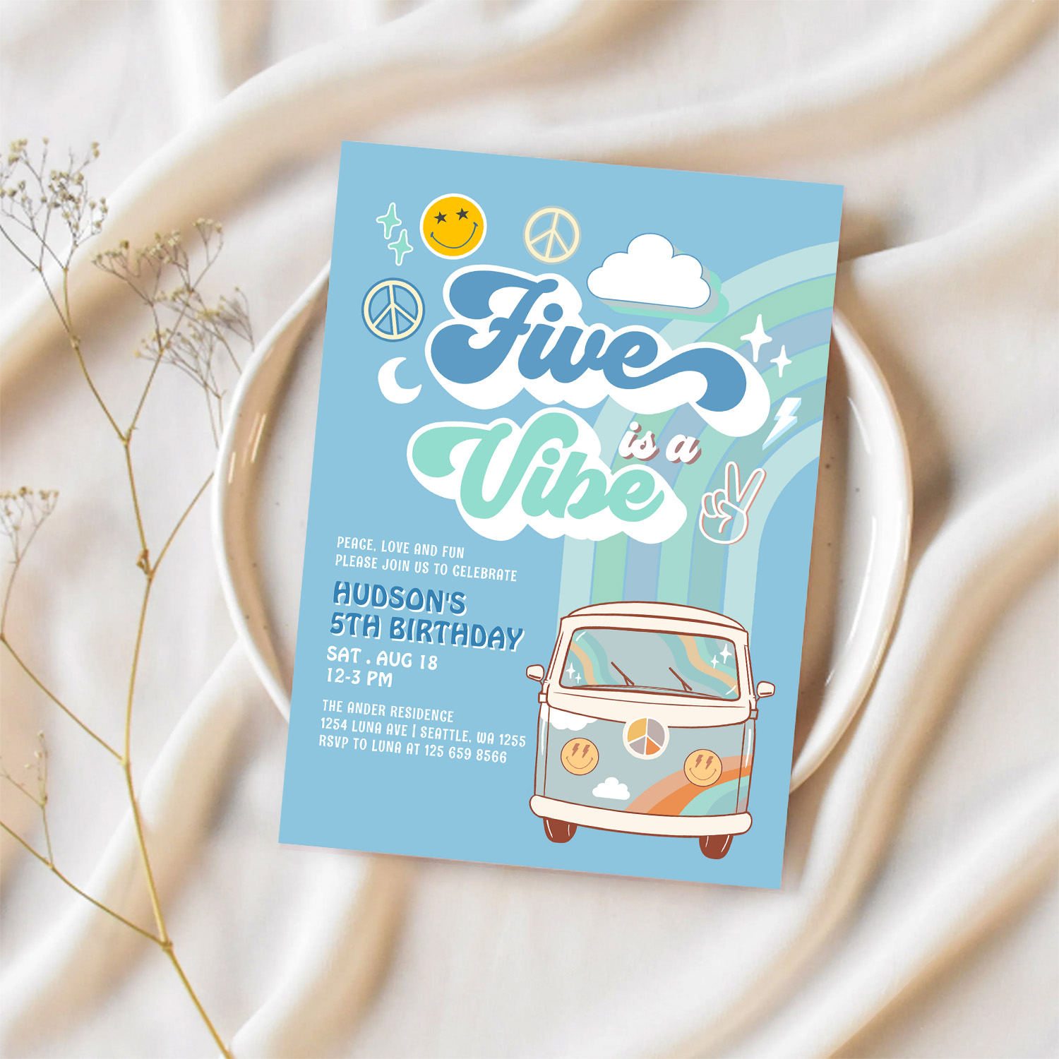 Boy Groovy Van Rainbow Five Is A Vibe 5th Birthday Invitation - Image 2