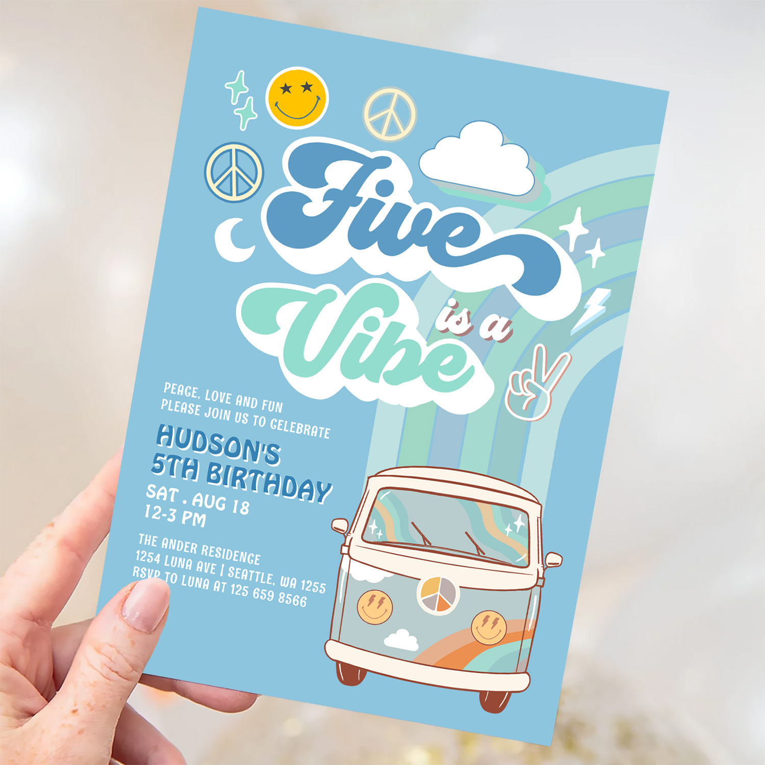 Boy Groovy Van Rainbow Five Is A Vibe 5th Birthday Invitation - Image 3