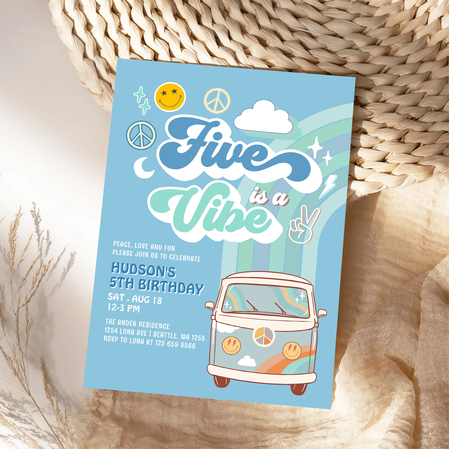 Boy Groovy Van Rainbow Five Is A Vibe 5th Birthday Invitation - Image 4