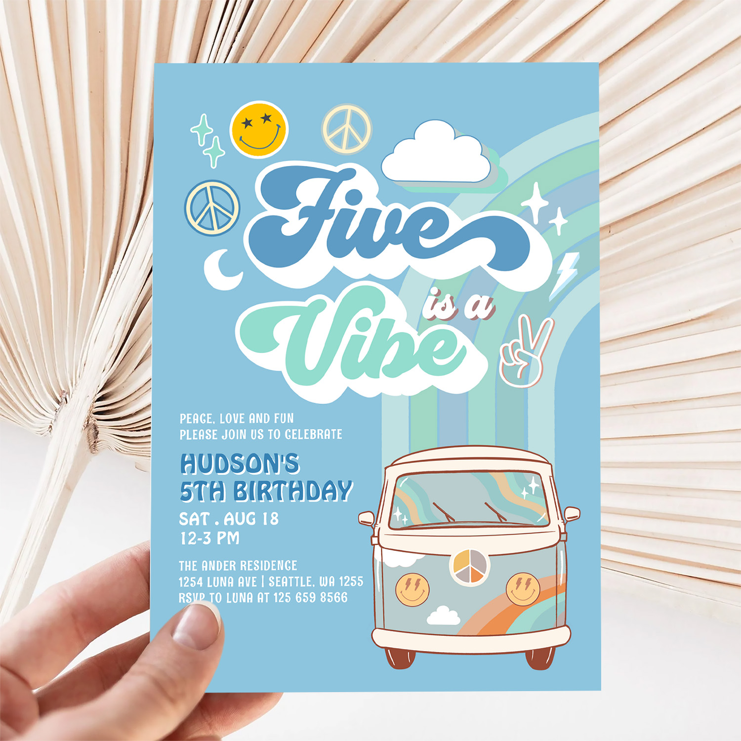 Boy Groovy Van Rainbow Five Is A Vibe 5th Birthday Invitation - Image 5