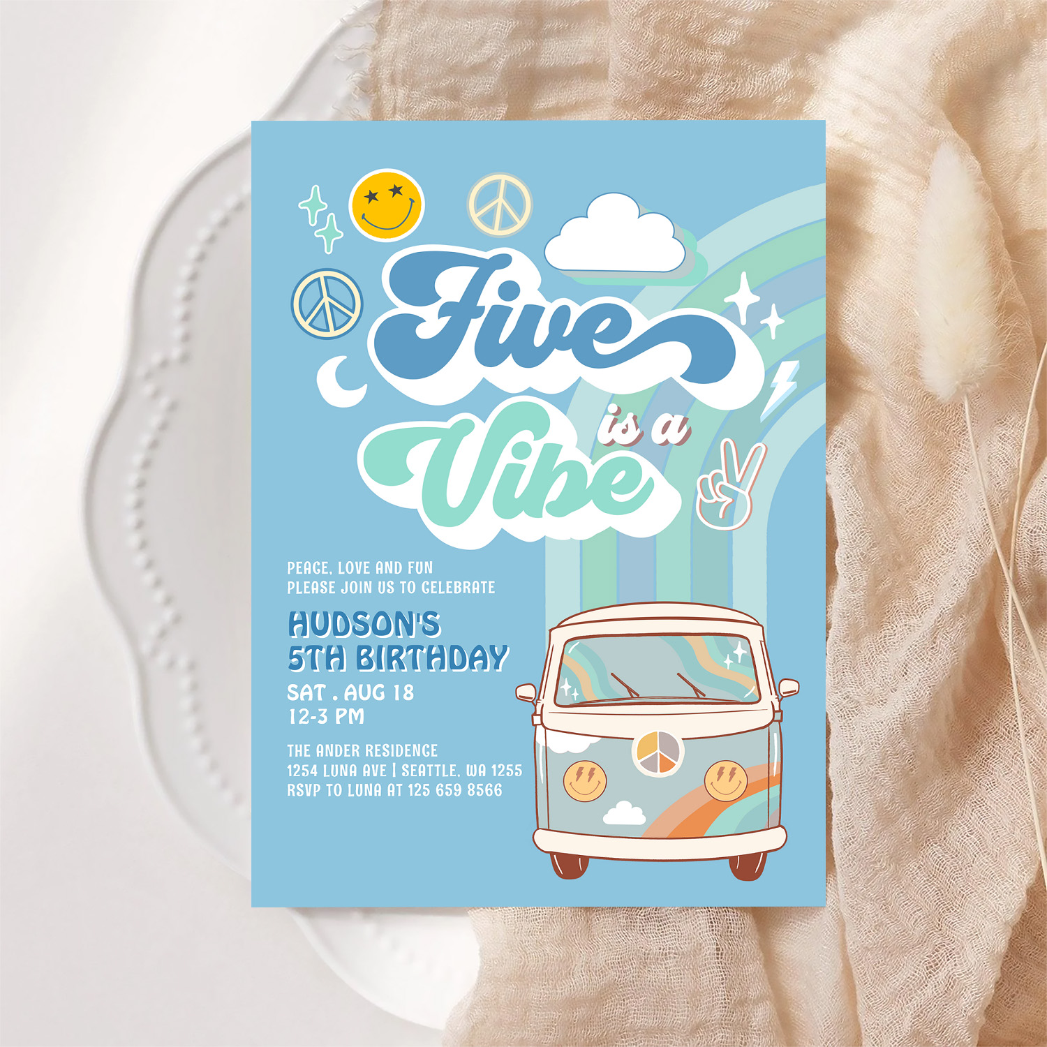 Boy Groovy Van Rainbow Five Is A Vibe 5th Birthday Invitation - Image 6