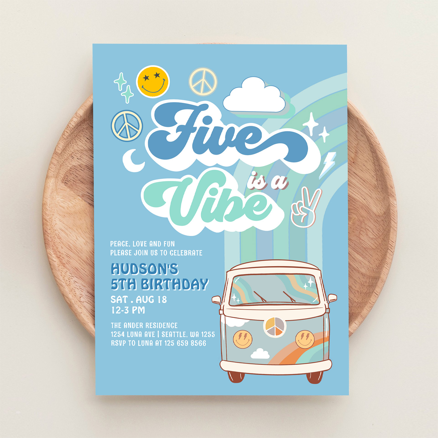 Boy Groovy Van Rainbow Five Is A Vibe 5th Birthday Invitation - Image 7