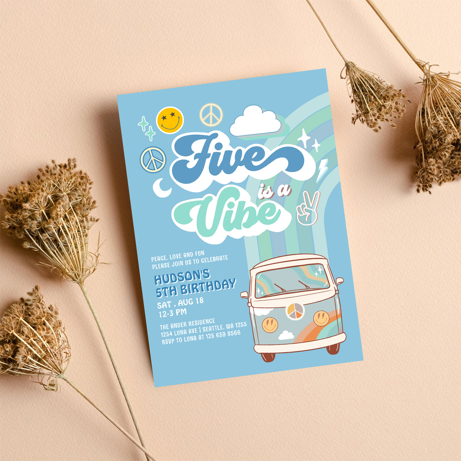 Boy Groovy Van Rainbow Five Is A Vibe 5th Birthday Invitation - Image 8