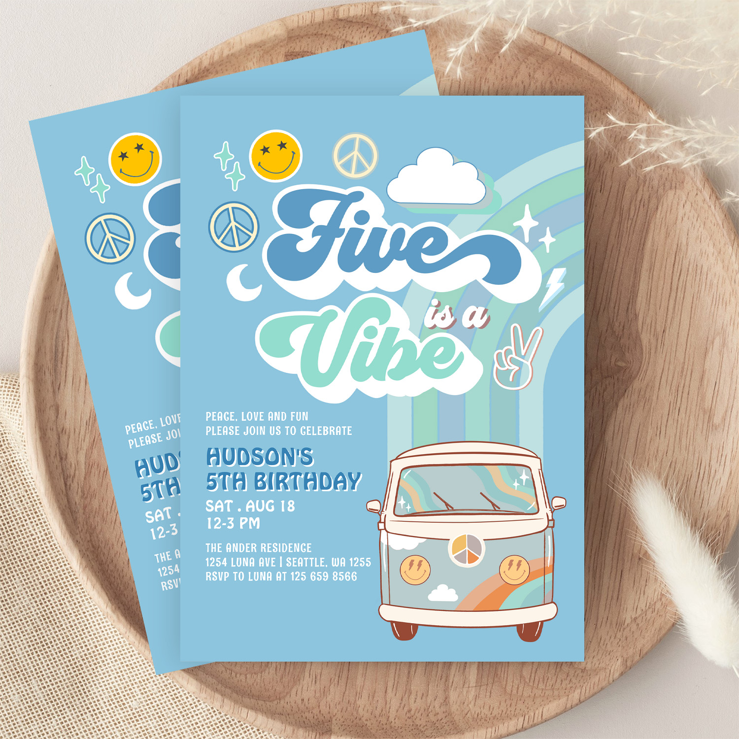 Boy Groovy Van Rainbow Five Is A Vibe 5th Birthday Invitation - Image 9