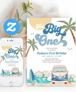 Boy Navy The Big One Surfing 1st Birthday Party Invitation