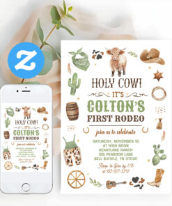 Cowboy 1st Rodeo Highland Cow Theme Birthday Party Invitation
