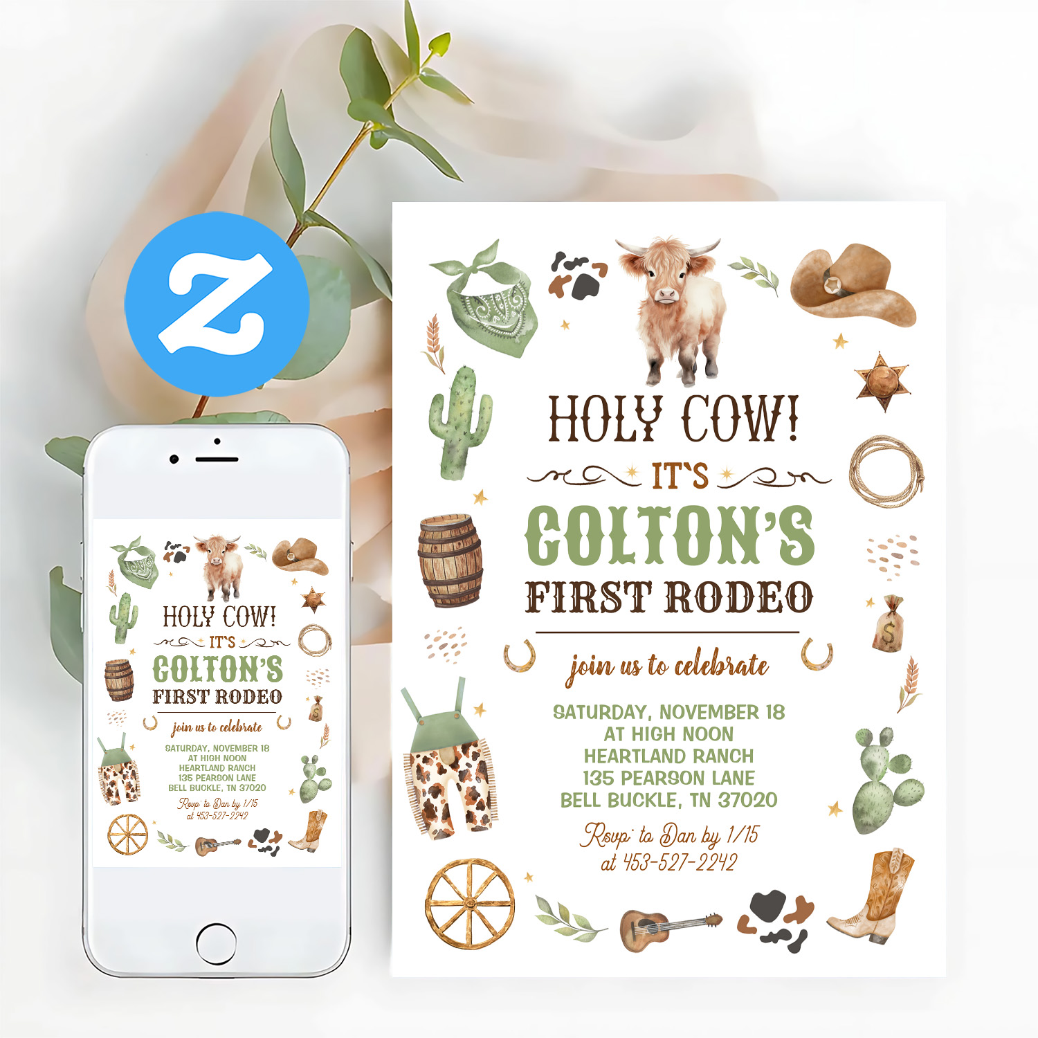 Cowboy 1st Rodeo Highland Cow Theme Birthday Party Invitation