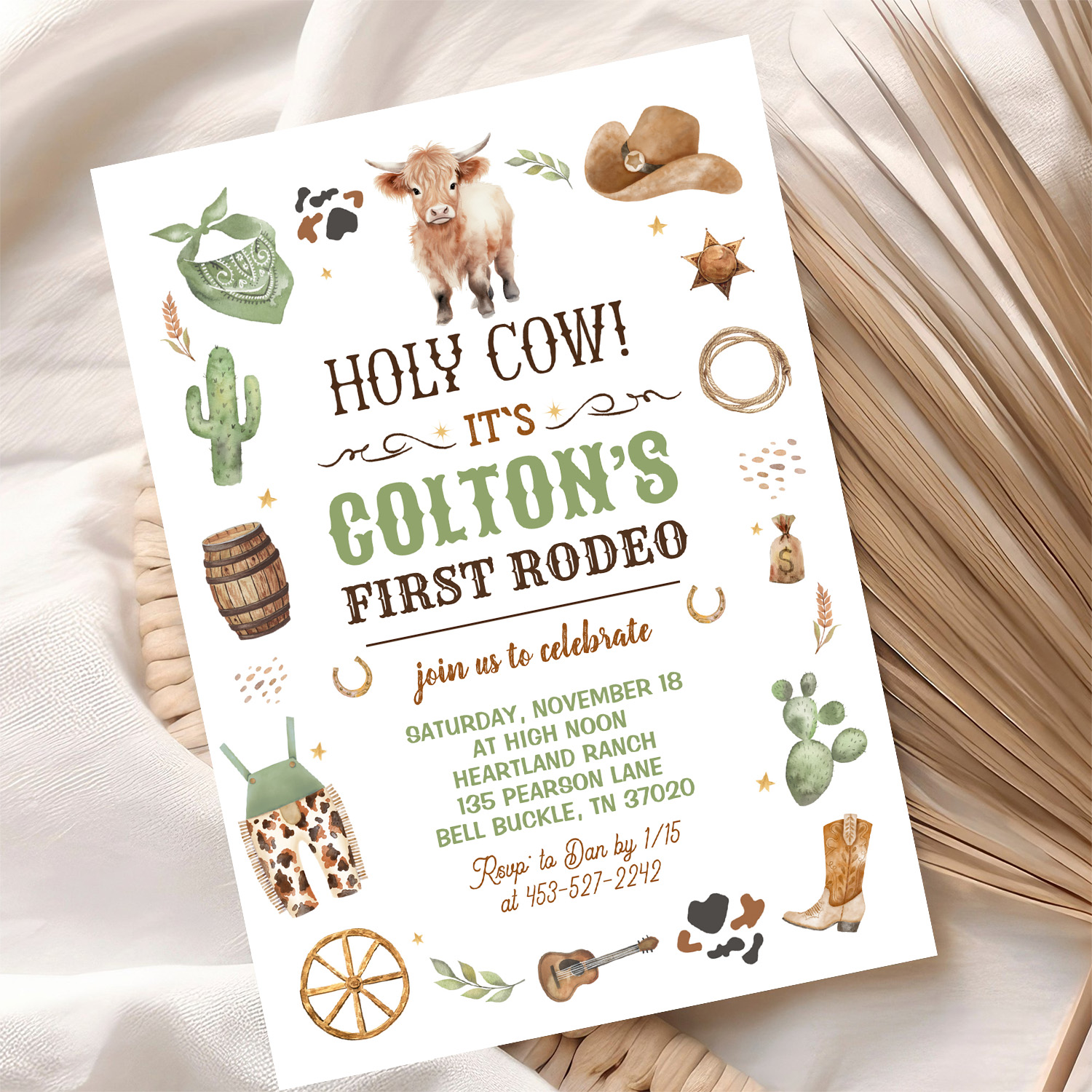 Cowboy 1st Rodeo Highland Cow Theme Birthday Party Invitation - Image 10