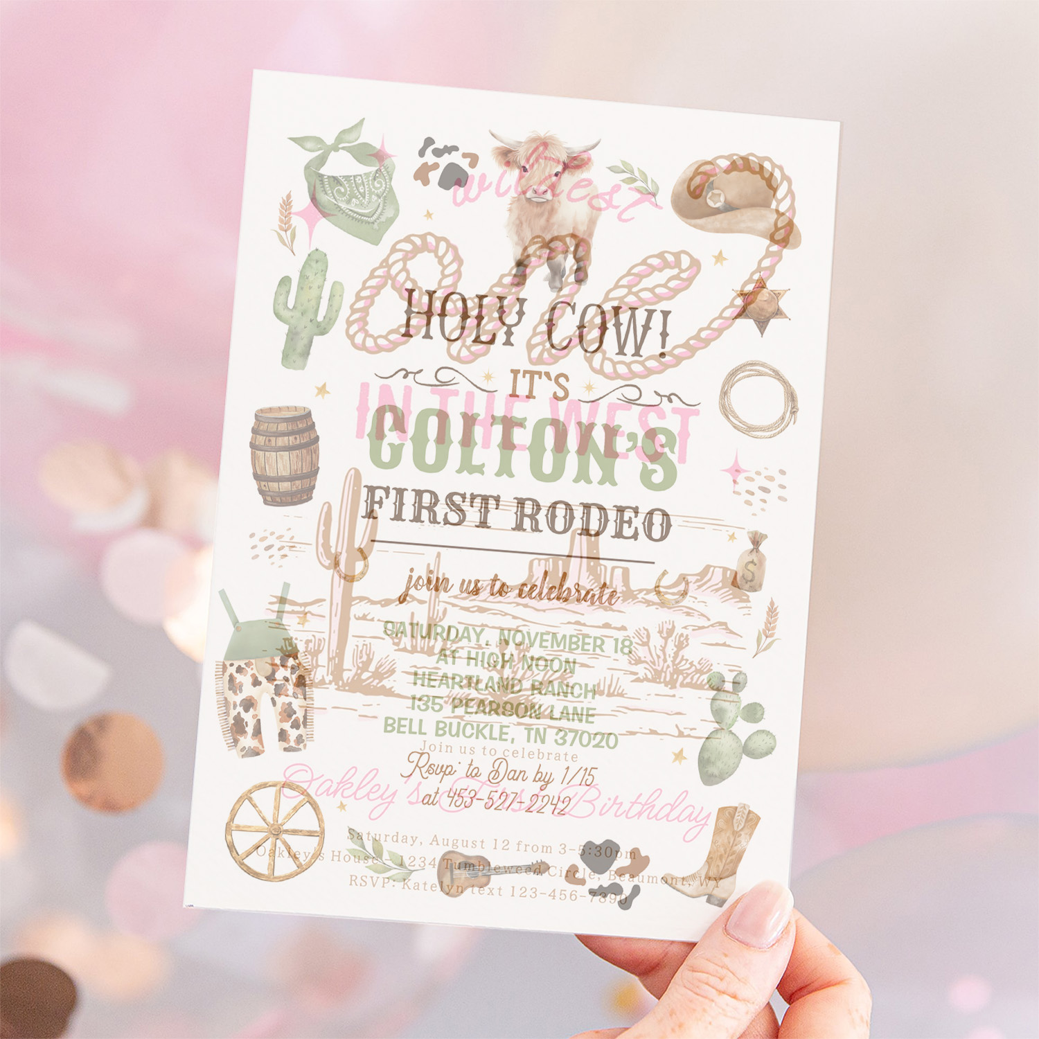 Cowboy 1st Rodeo Highland Cow Theme Birthday Party Invitation - Image 12