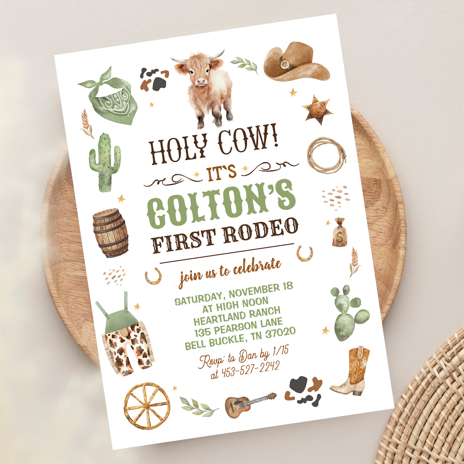 Cowboy 1st Rodeo Highland Cow Theme Birthday Party Invitation - Image 13