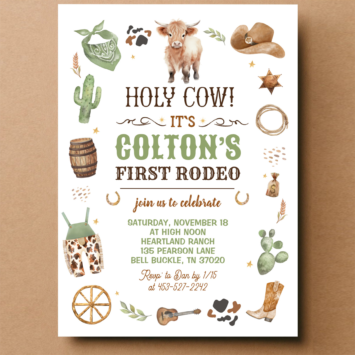 Cowboy 1st Rodeo Highland Cow Theme Birthday Party Invitation - Image 14