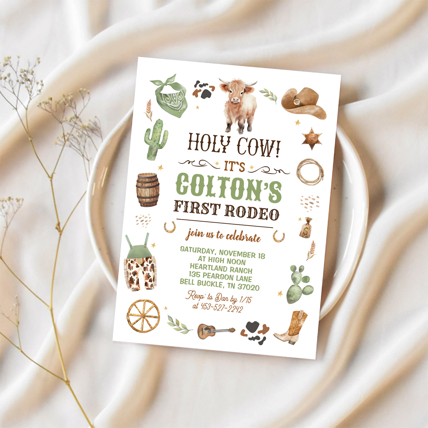 Cowboy 1st Rodeo Highland Cow Theme Birthday Party Invitation - Image 2