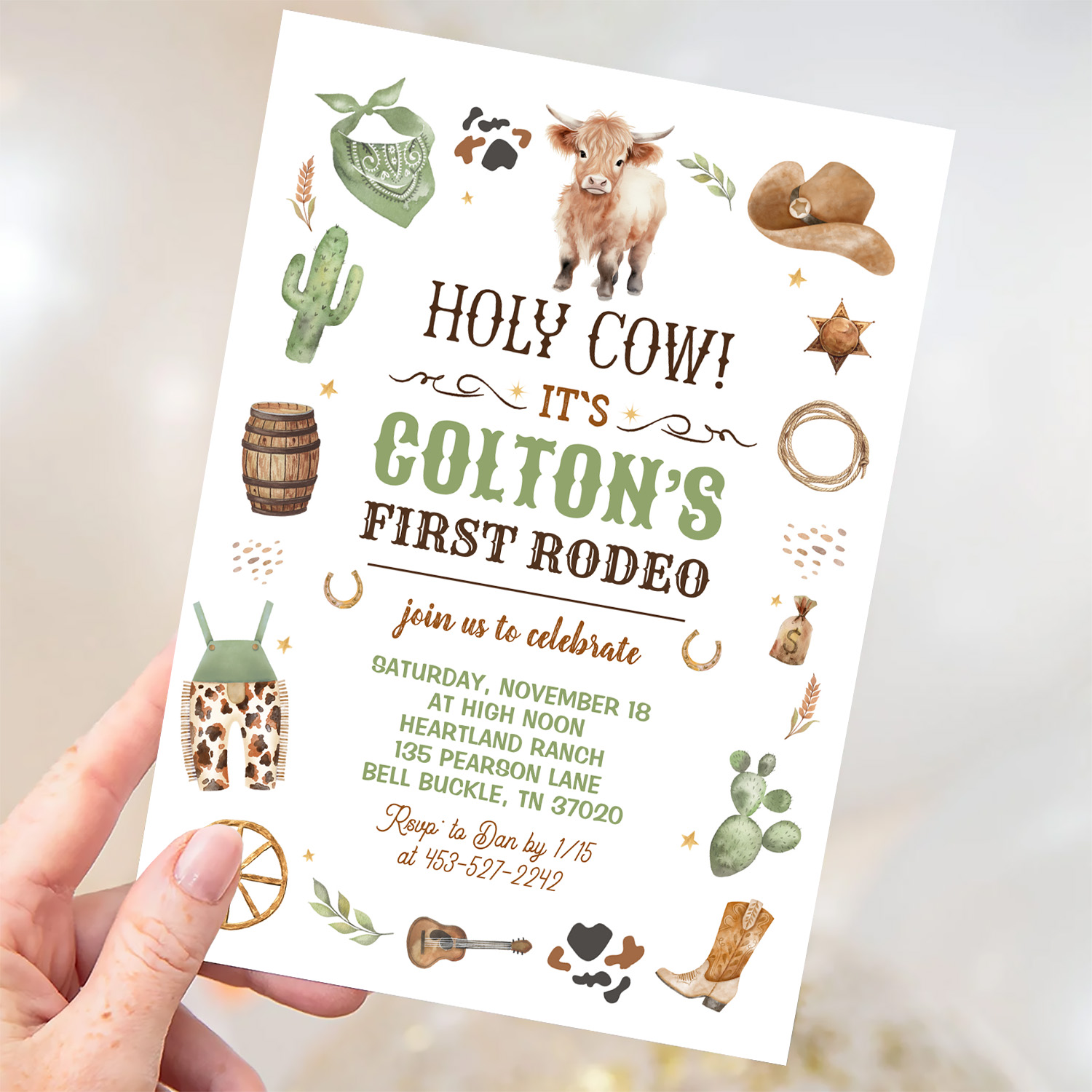 Cowboy 1st Rodeo Highland Cow Theme Birthday Party Invitation - Image 3