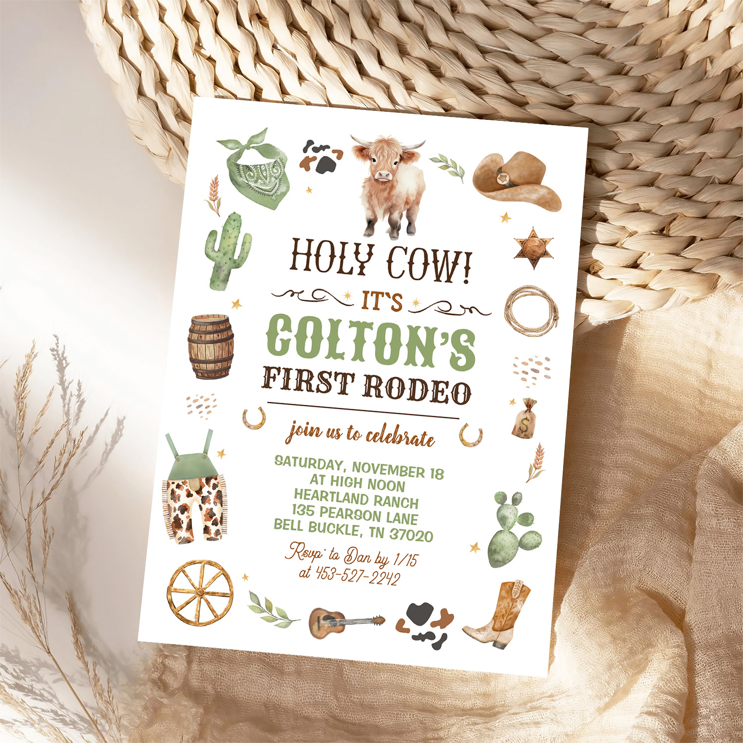 Cowboy 1st Rodeo Highland Cow Theme Birthday Party Invitation - Image 4