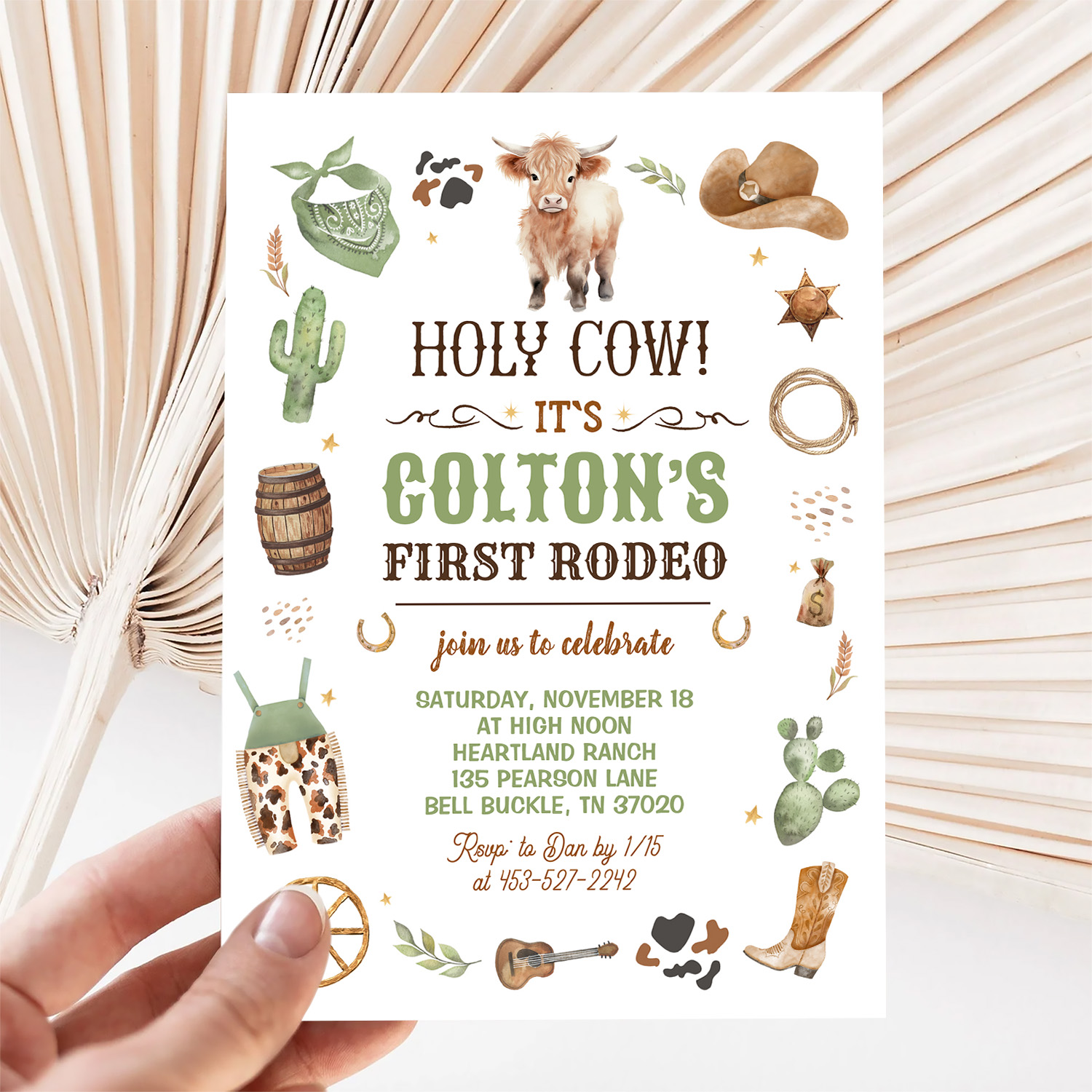 Cowboy 1st Rodeo Highland Cow Theme Birthday Party Invitation - Image 5