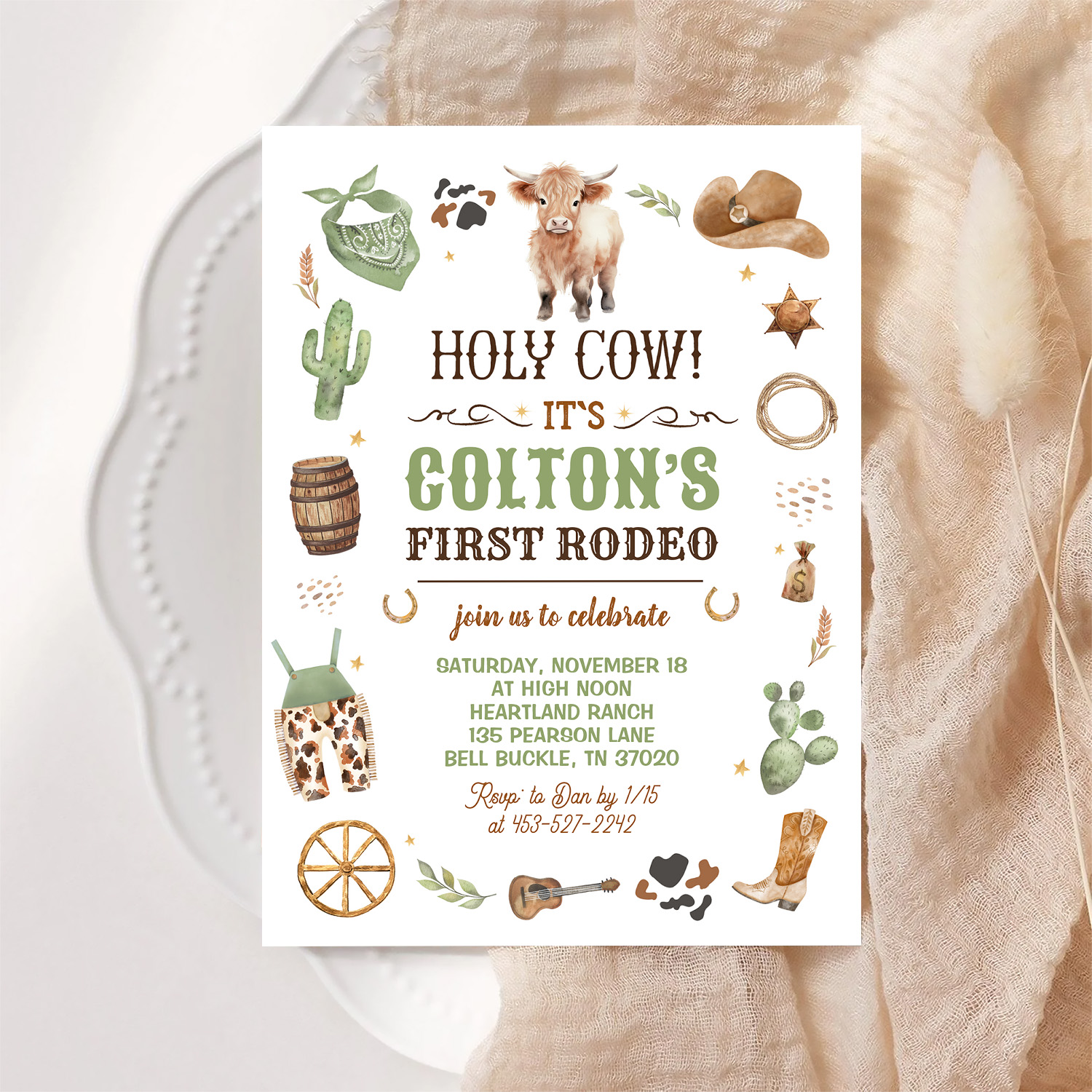 Cowboy 1st Rodeo Highland Cow Theme Birthday Party Invitation - Image 6