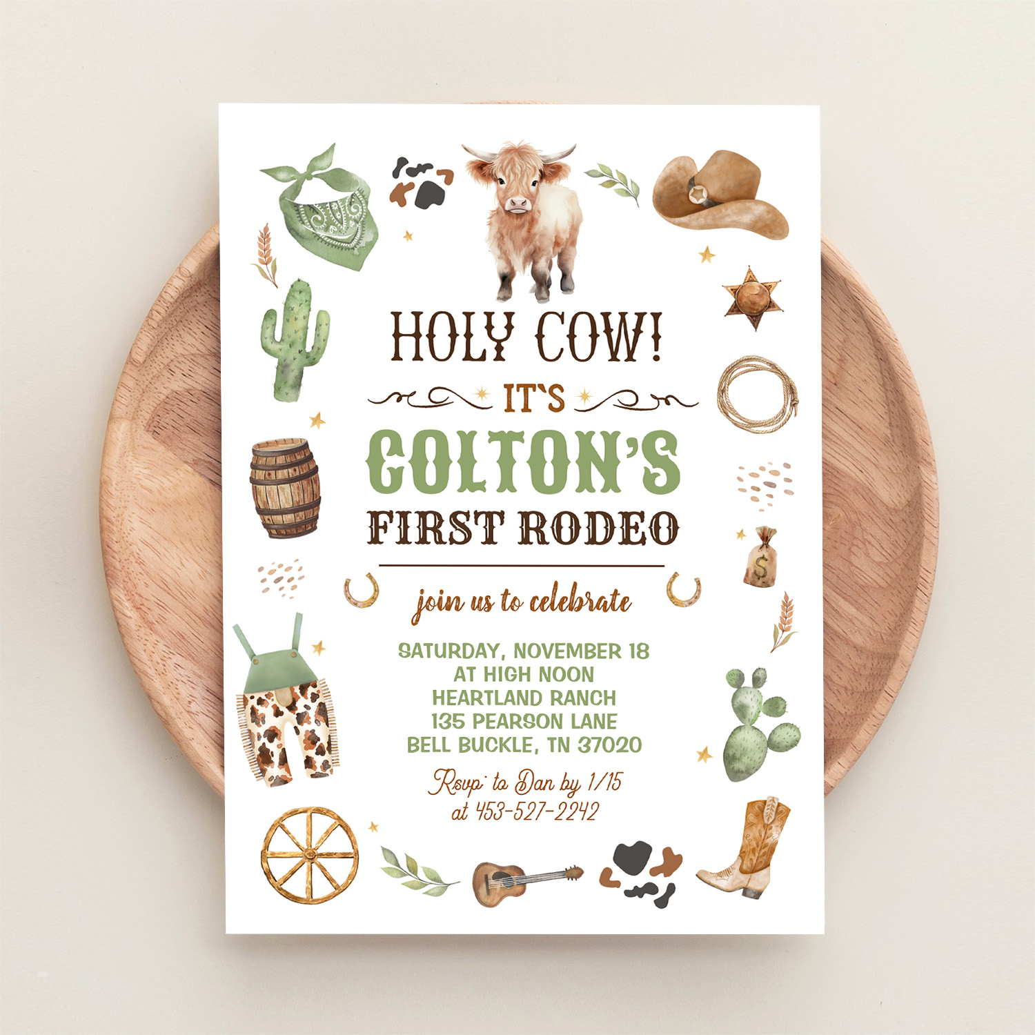 Cowboy 1st Rodeo Highland Cow Theme Birthday Party Invitation - Image 7
