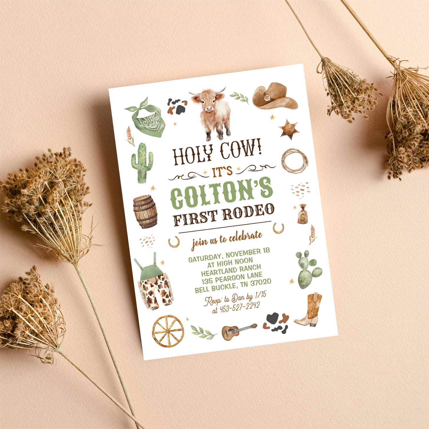 Cowboy 1st Rodeo Highland Cow Theme Birthday Party Invitation - Image 8