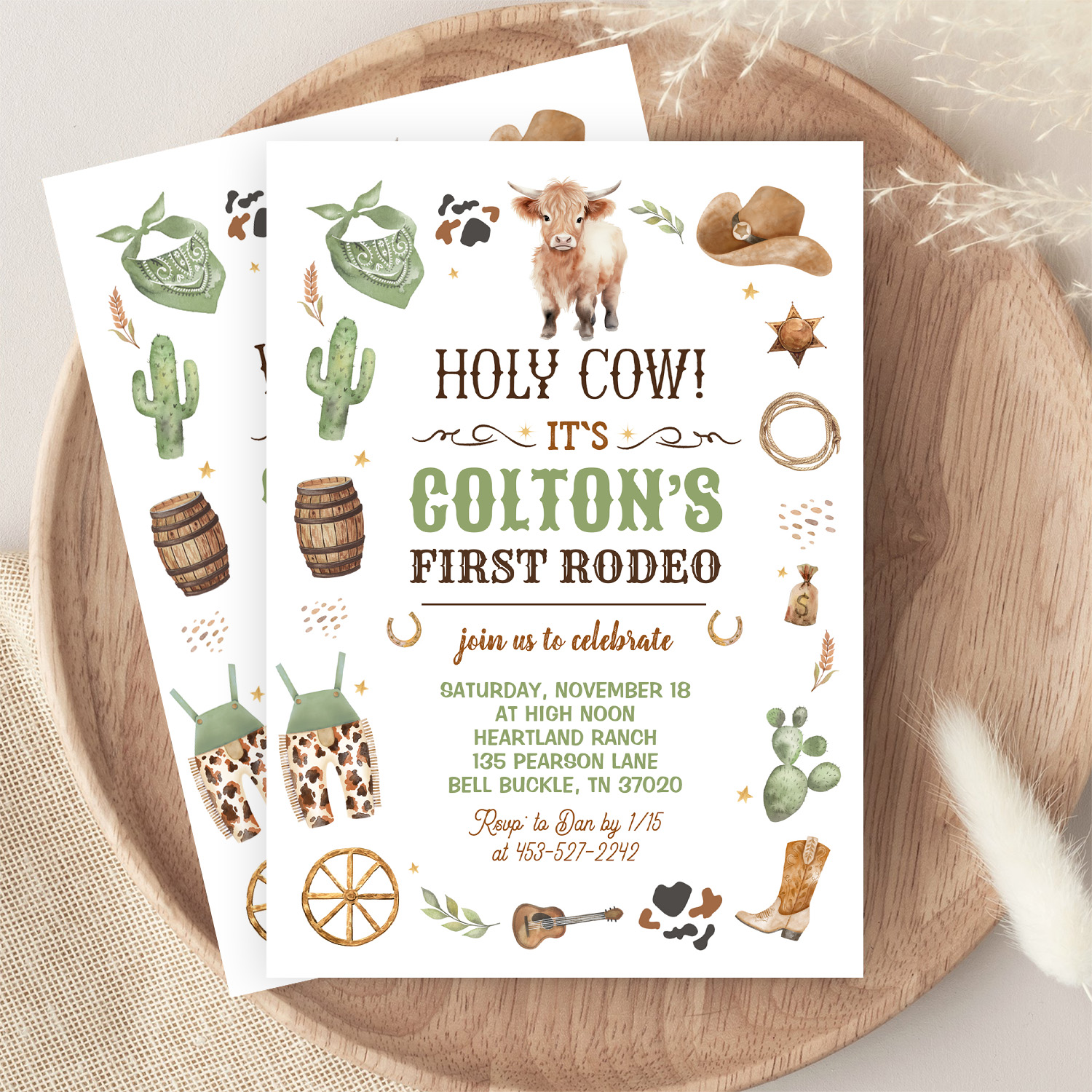 Cowboy 1st Rodeo Highland Cow Theme Birthday Party Invitation - Image 9