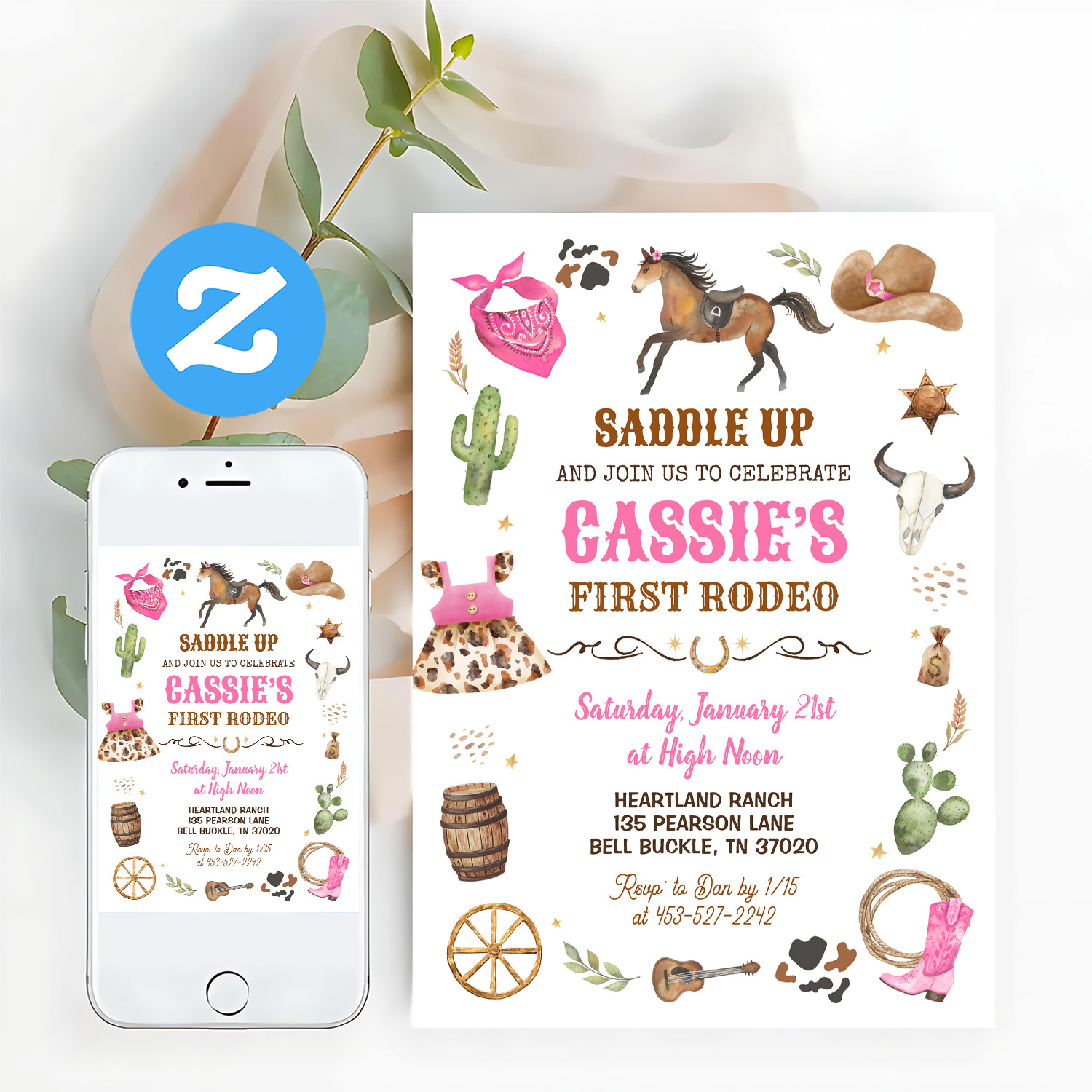 Cowboy 1st Rodeo Pink Wild West Theme Birthday Invitation