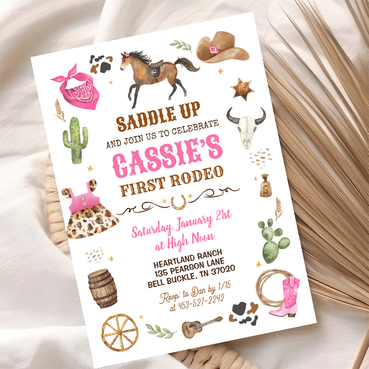 Cowboy 1st Rodeo Pink Wild West Theme Birthday Invitation - Image 10