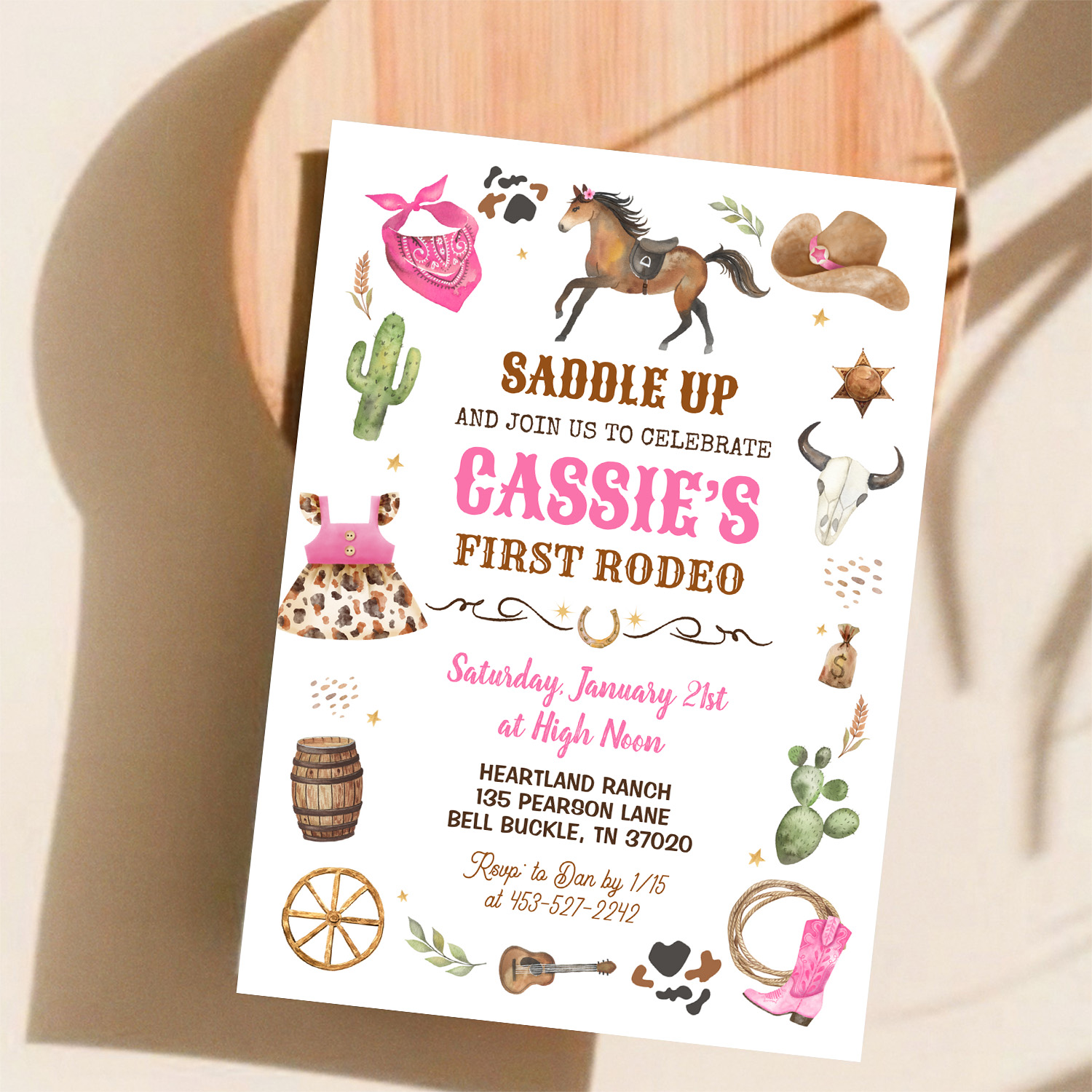 Cowboy 1st Rodeo Pink Wild West Theme Birthday Invitation - Image 11
