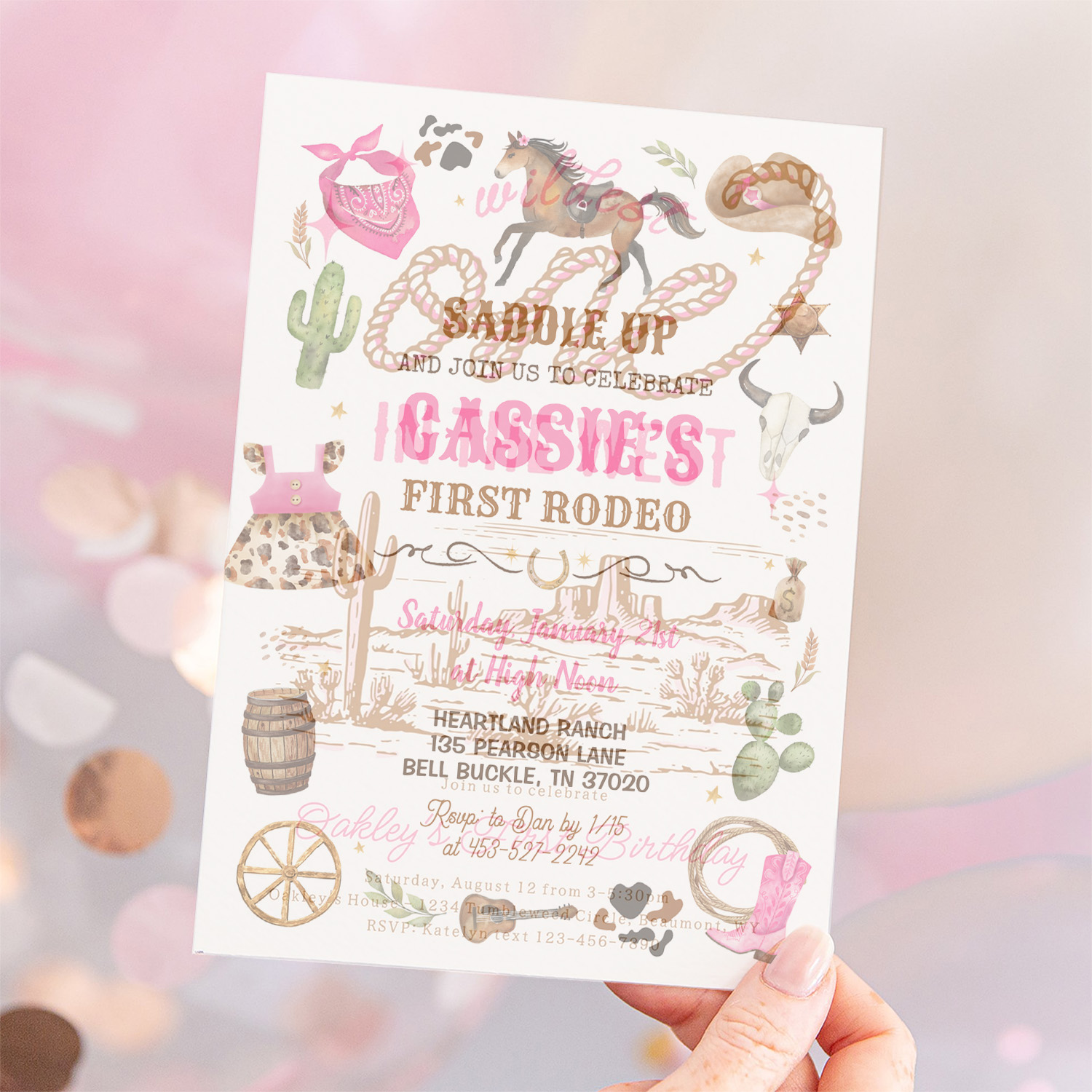 Cowboy 1st Rodeo Pink Wild West Theme Birthday Invitation - Image 12