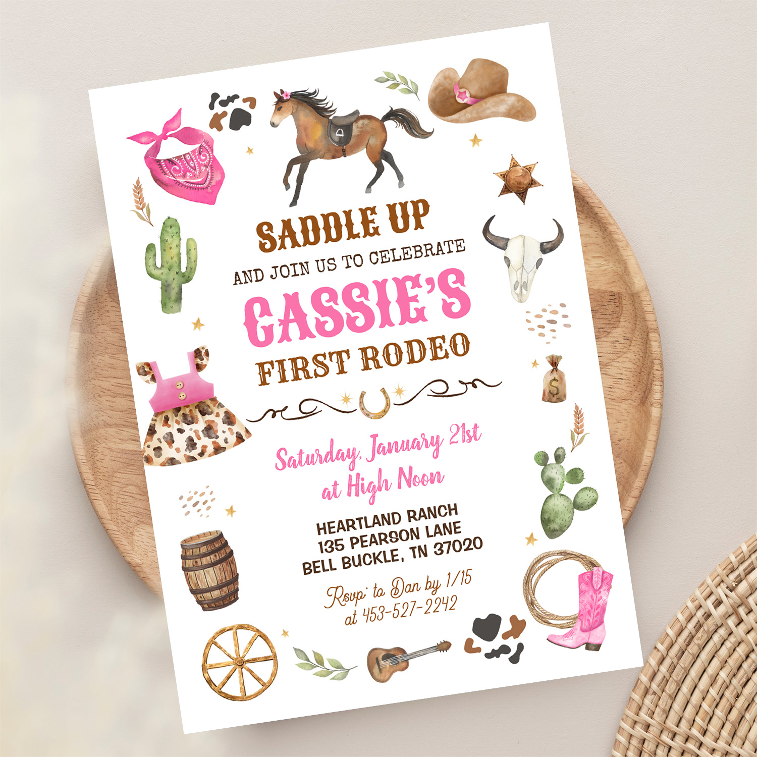 Cowboy 1st Rodeo Pink Wild West Theme Birthday Invitation - Image 13